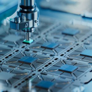 Close-up of Silicon Die are being Extracted from Semiconductor Wafer and Attached to Substrate by Pick and Place Machine. Computer Chip Manufacturing at Fab. Semiconductor Packaging Process.